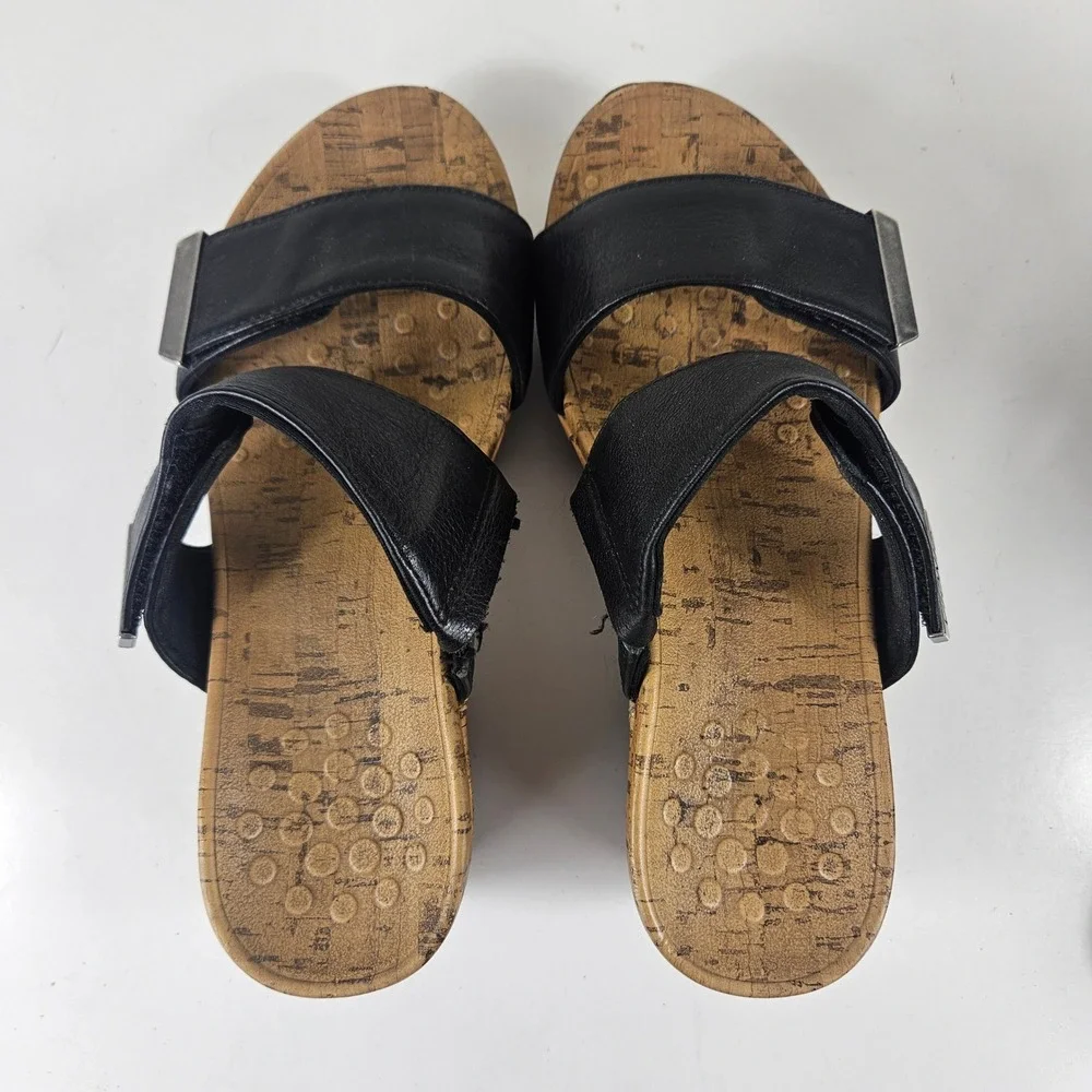Vionic Pepper Womens 7 Black Leather Cork Wedge Platform Slide Sandals